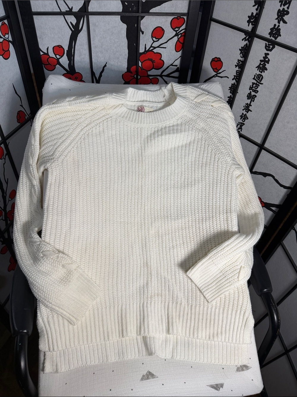 SO Men's Cream Crewneck Ribbed Knit Sweater